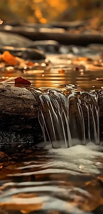 Serene autumn creek with flowing water and fall leaves.