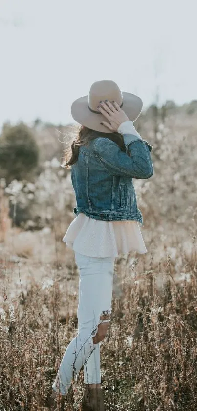 Woman in a denim jacket and hat standing in a rustic autumn field.