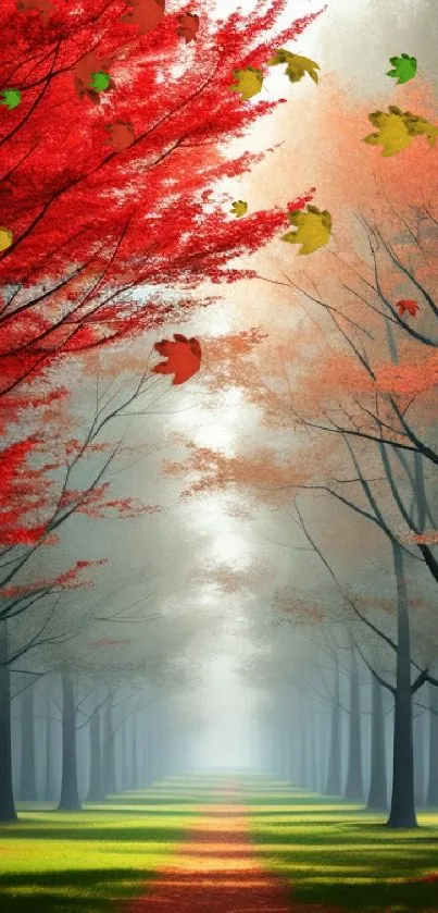 Serene autumn forest path with red foliage and mist.