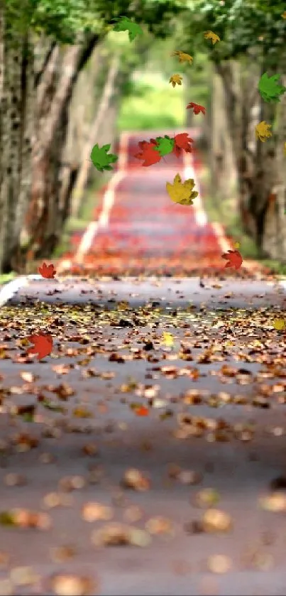 Serene forest path with autumn leaves and green trees.