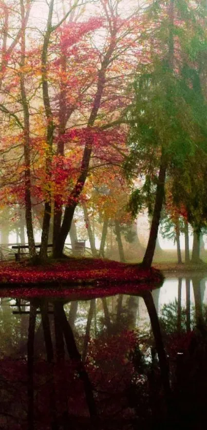 Misty autumn forest with vibrant foliage reflected in a tranquil lake.