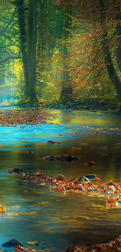 Serene forest stream surrounded by autumn leaves and lush greenery.