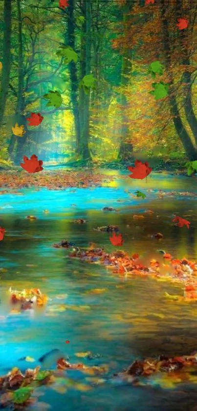 Serene autumn forest stream with vibrant leaves.