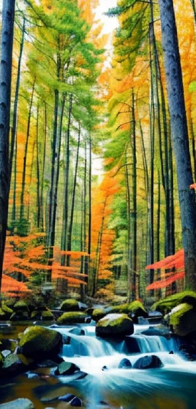 Serene stream in a vibrant autumn forest with colorful leaves and mossy rocks.