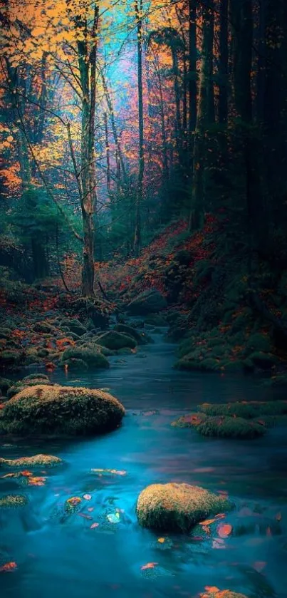 Peaceful autumn forest stream with vibrant foliage and clear, flowing water.