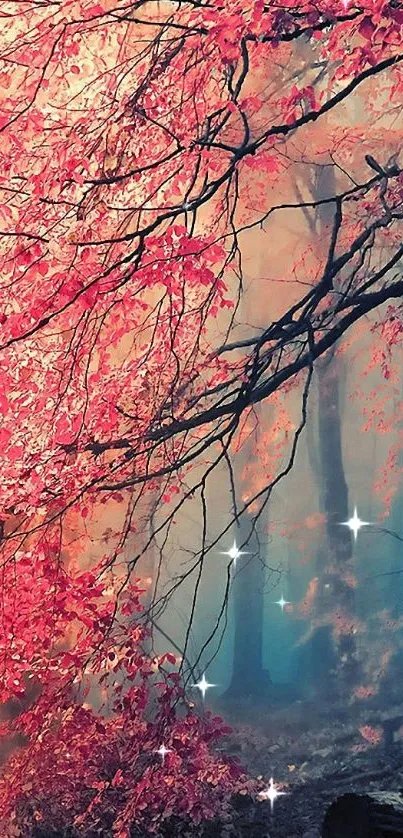 Vibrant pink leaves in a misty autumn forest scene.