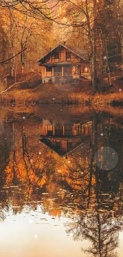 Cabin by a lake with autumn colors reflected in the water on a peaceful day.