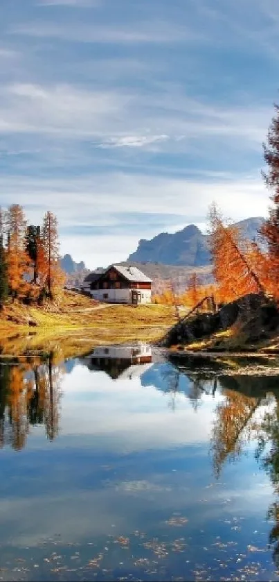 Autumn trees reflect in tranquil lake with mountain backdrop.