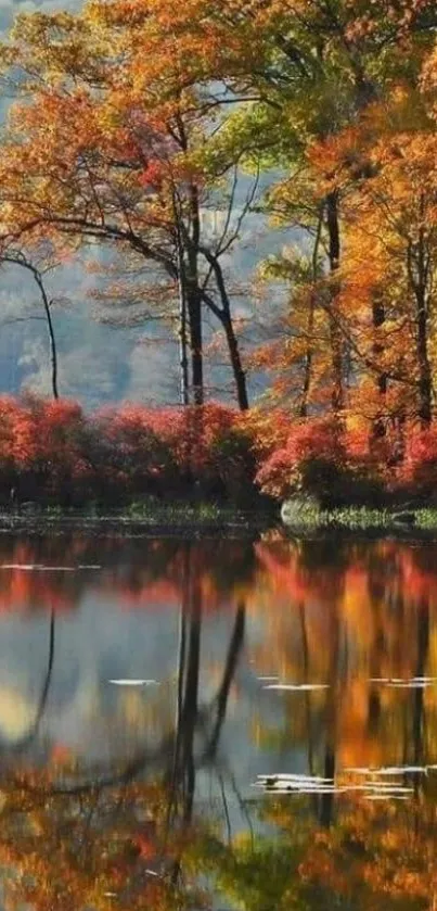 Mobile wallpaper of a serene autumn lake with colorful foliage reflection.