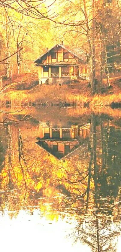 Autumn cabin reflected in a serene lakeside setting.