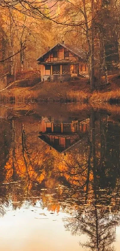Serene lake with autumn colors and cabin reflection.