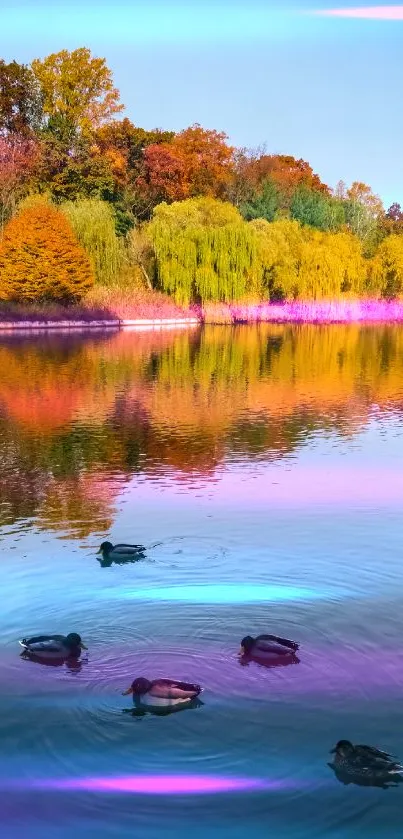 Serene lake with ducks and autumn foliage reflecting in the water.