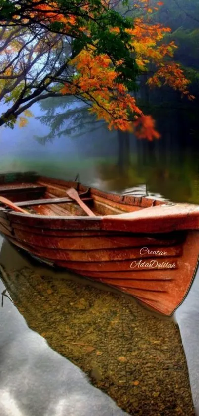 Wooden boat on tranquil autumn lake surrounded by colorful foliage.