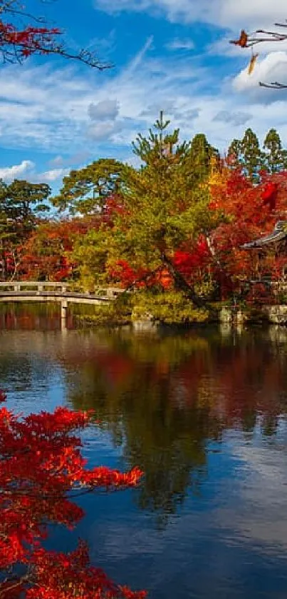 Red autumn leaves reflecting in a serene lake.