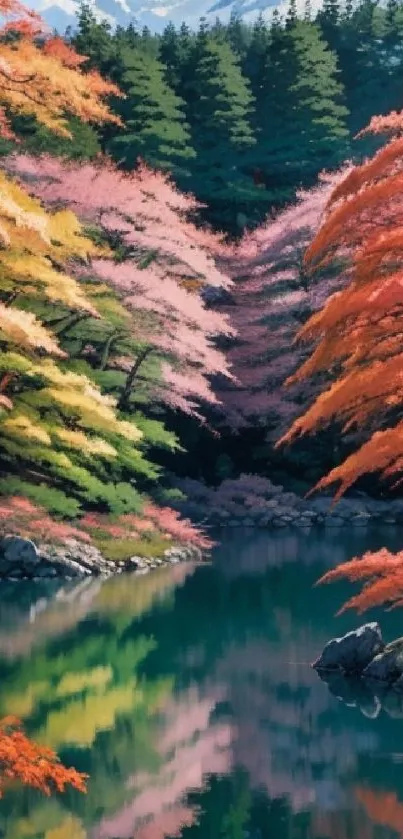 Serene autumn lake with colorful trees.