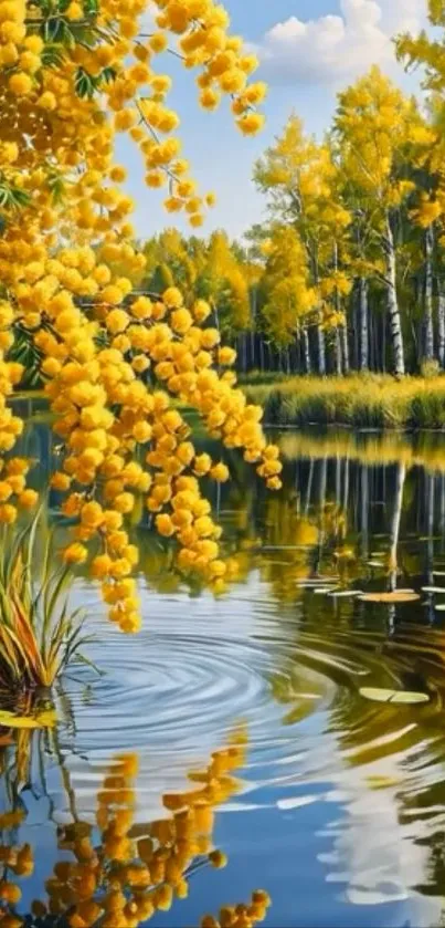 Yellow autumn leaves reflected on a tranquil lake.