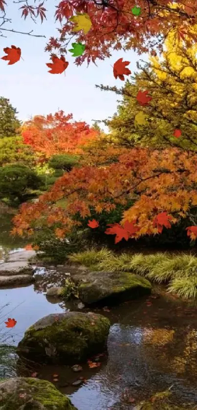 Serene autumn landscape with vibrant orange leaves and tranquil pond reflection.