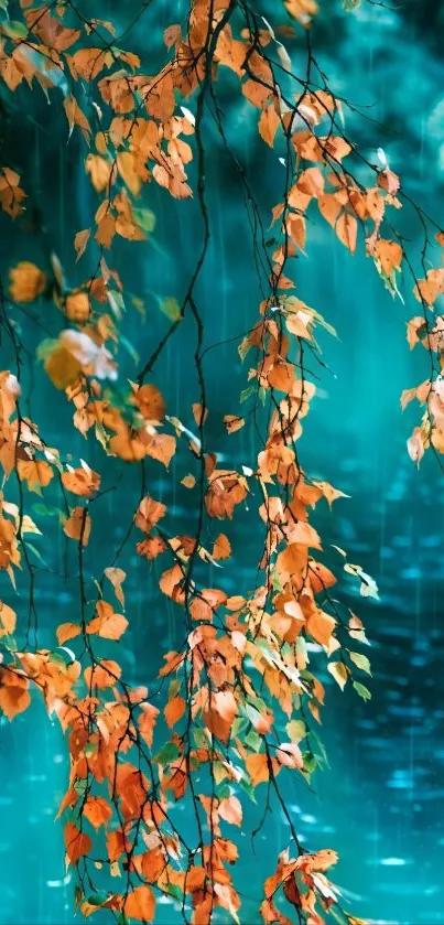 Autumn leaves over serene blue water.