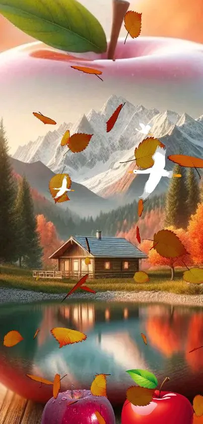 Autumn landscape with cabin, lake, and mountains.