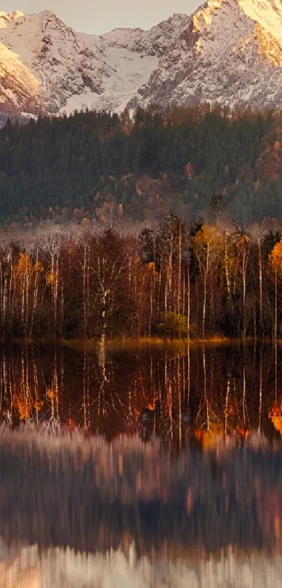Autumn mountain landscape with reflection in calm water, showcasing serene nature beauty.