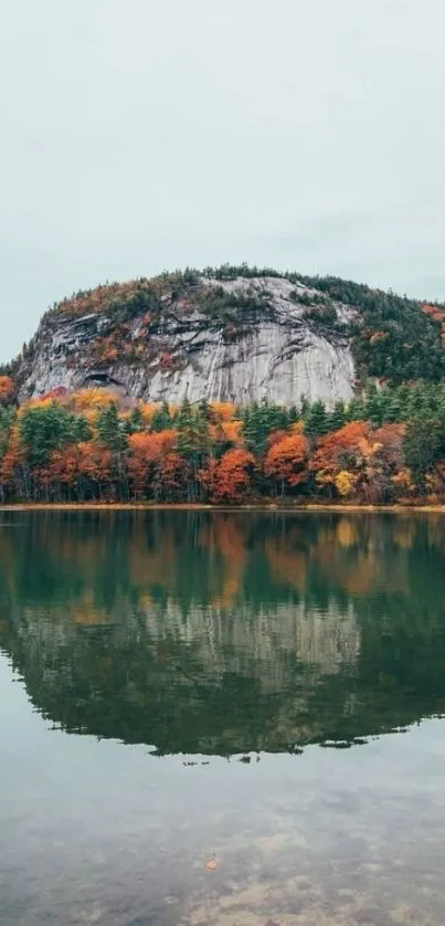 Autumn mountain and lake reflecting vibrant fall colors in serene landscape.