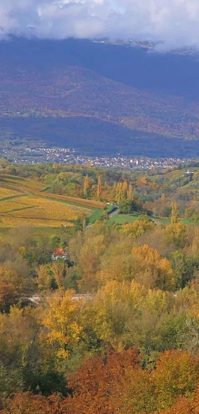 Serene autumn mountain landscape with vibrant forests and rolling hills.