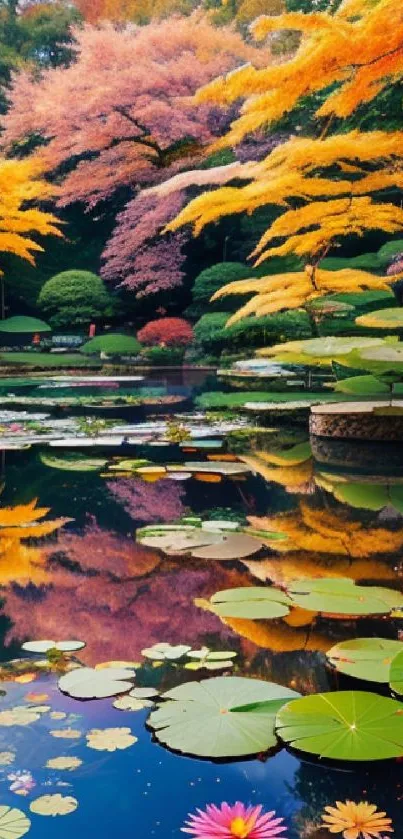 Tranquil pond with autumn foliage reflection and lily pads.