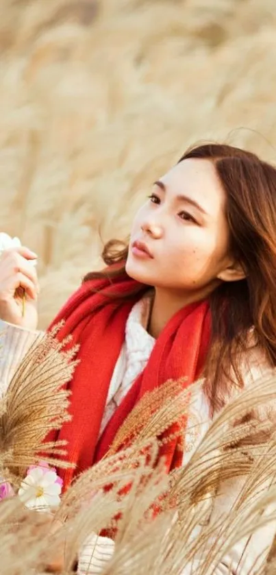 Girl in red scarf amidst golden grass field, serene autumn portrait.