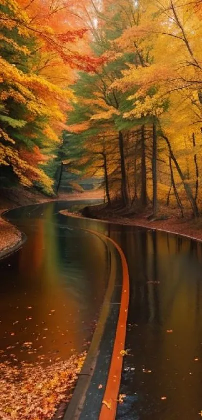 Serene river path with vibrant autumn foliage in a peaceful woodland setting.