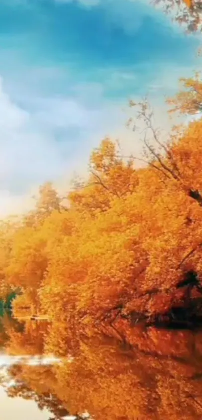 Autumn river scene with orange foliage reflecting in calm water.