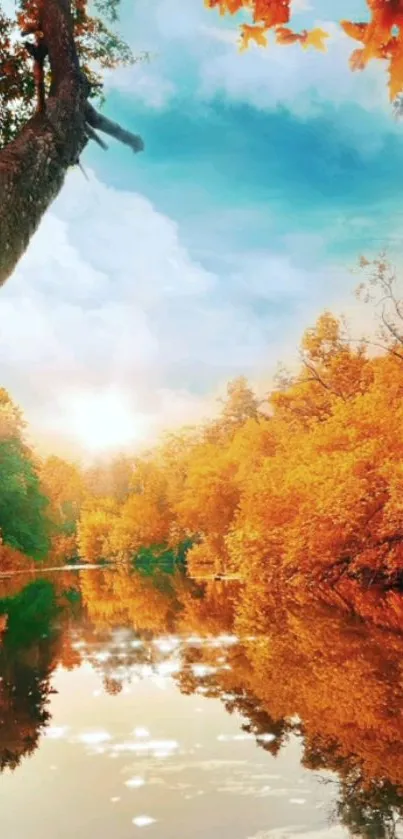 Autumn river scene with orange trees and a clear blue sky.