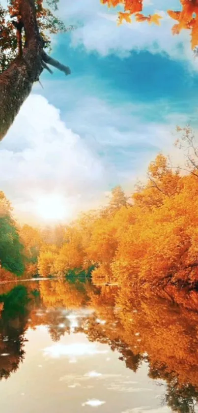 Beautiful autumn river with orange trees and blue sky.