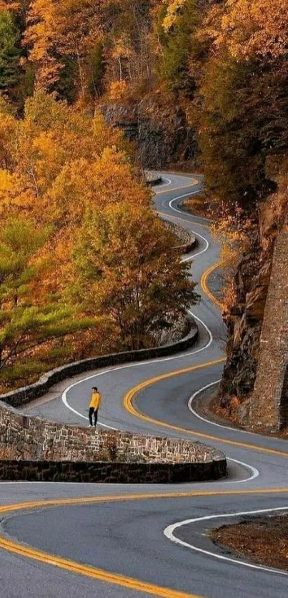 Winding road through vibrant autumn forest with orange foliage.