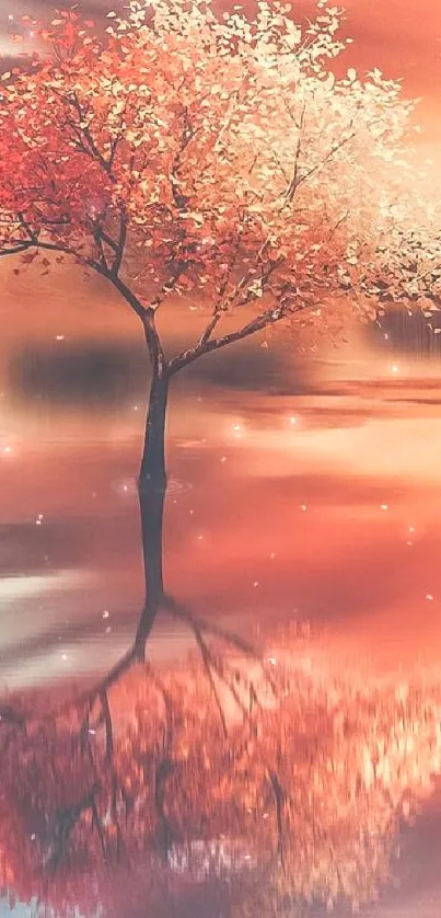 Autumn tree reflection on calm water with vibrant orange hues.