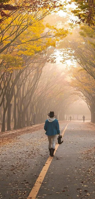 Scenic autumn pathway with falling leaves.