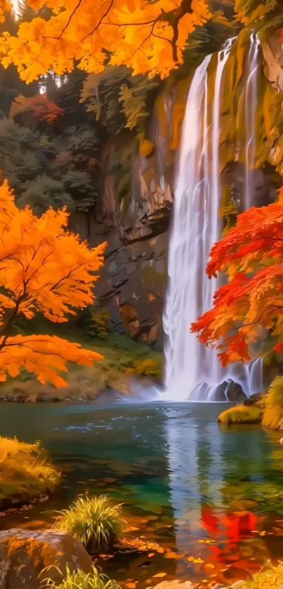 Vibrant autumn waterfall with lush trees and serene water.