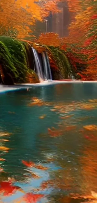 Serene autumn waterfall with vibrant foliage, perfect for mobile wallpaper.