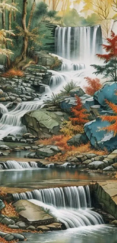 Serene waterfall with autumn foliage in a stunning landscape setting.