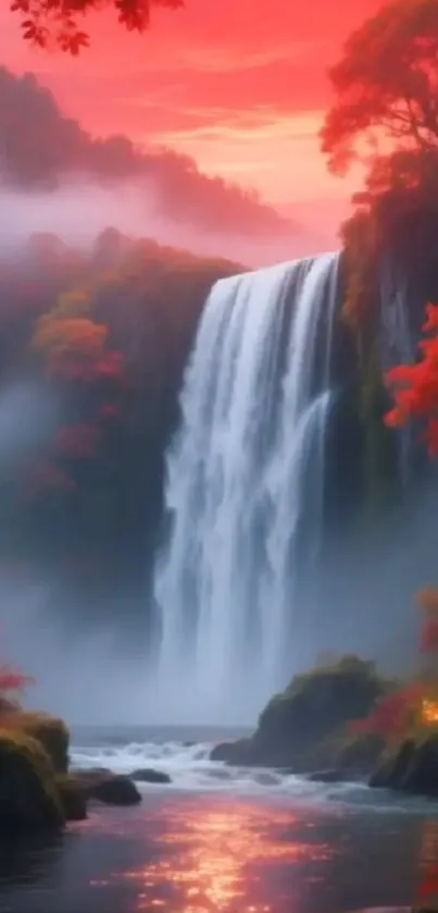 Serene waterfall amidst vibrant autumn foliage under a colorful sky.