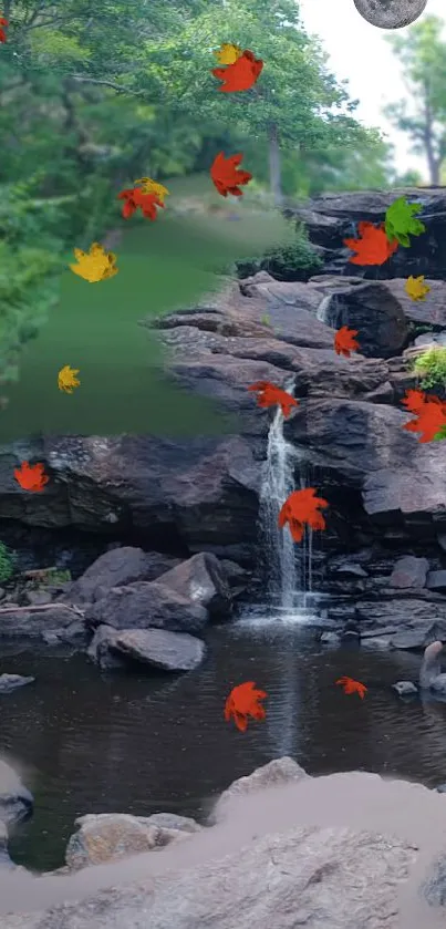 Serene waterfall with autumn leaves.