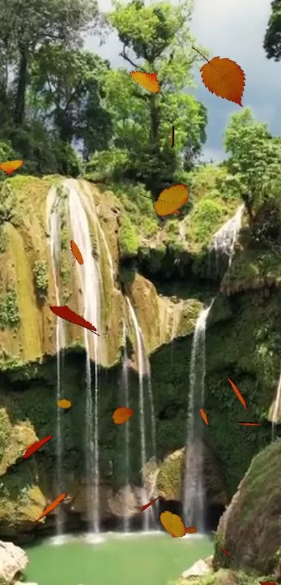 Autumn waterfall with falling leaves