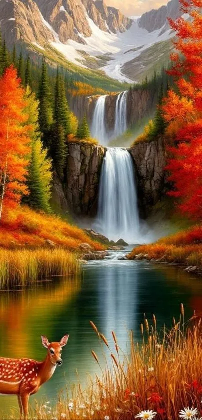 Autumn landscape with waterfall and golden foliage.