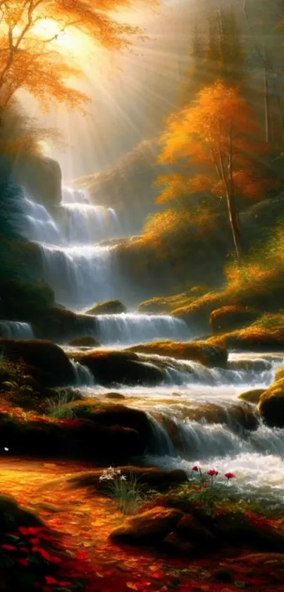 Autumn waterfall in forest with sunlight streaming through trees, creating a serene scene.