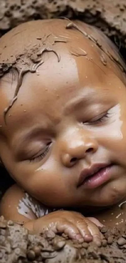 Sleeping baby covered in smooth mud close-up.