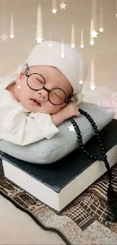 Adorable baby in glasses sleeping on cushion with books, exuding peace.