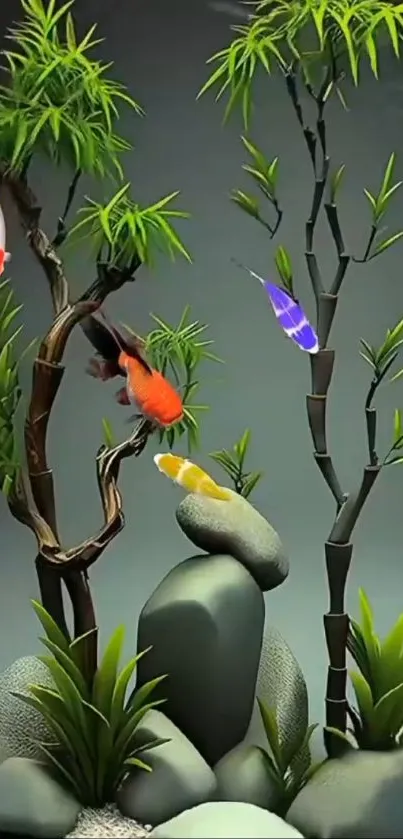 Serene wallpaper with bamboo and koi fish.