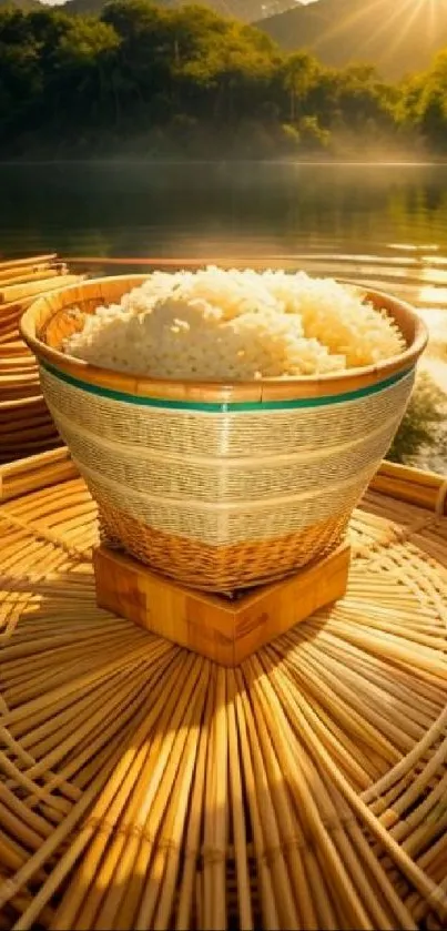 Bamboo basket with rice by a serene lake at sunrise.