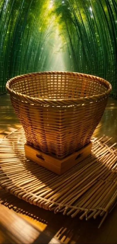 Wicker basket in bamboo forest with sunlight filtering through trees.