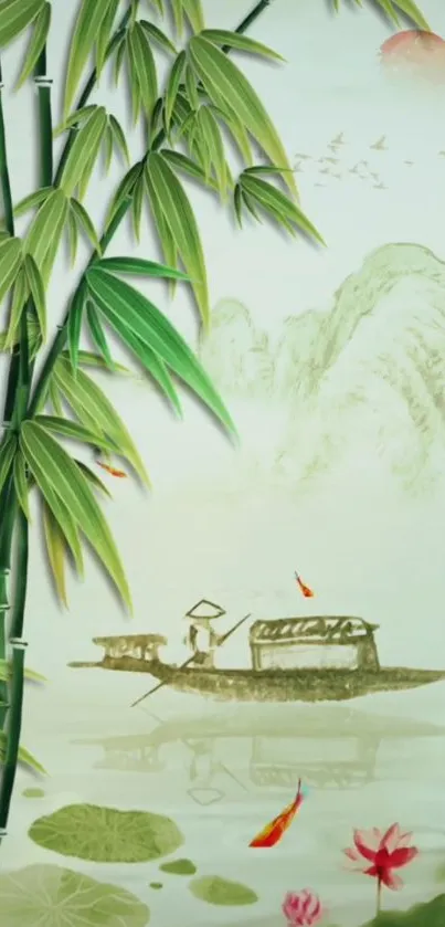 Wallpaper featuring bamboo with a boat on misty water and mountains.