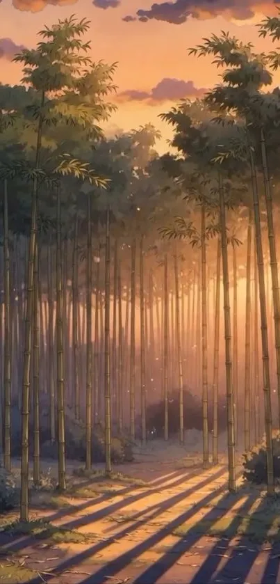 Serene bamboo forest at sunset with warm hues.